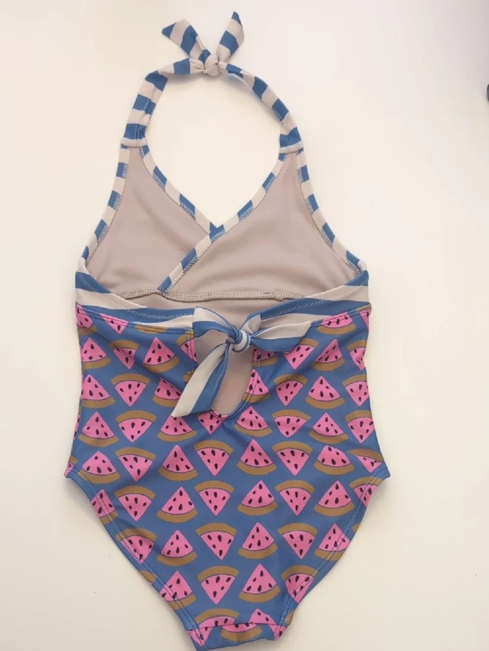 Tea Collection Blue & Pink Striped Halter One-Piece with Watermelon Print